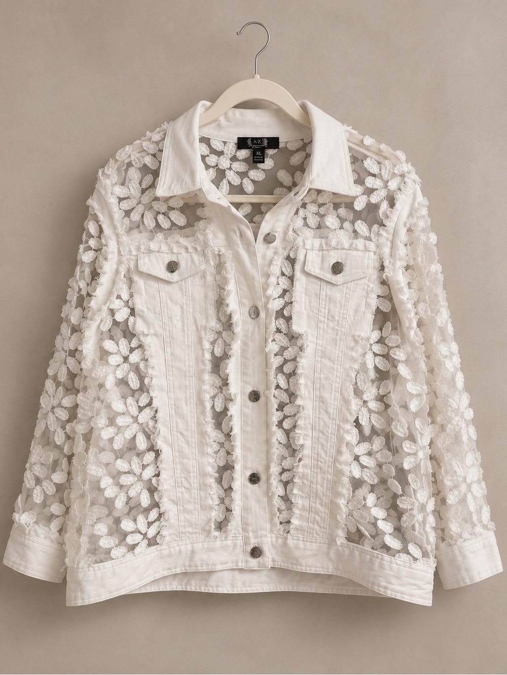 White Floral Lace-Overlay Jean Jacket by